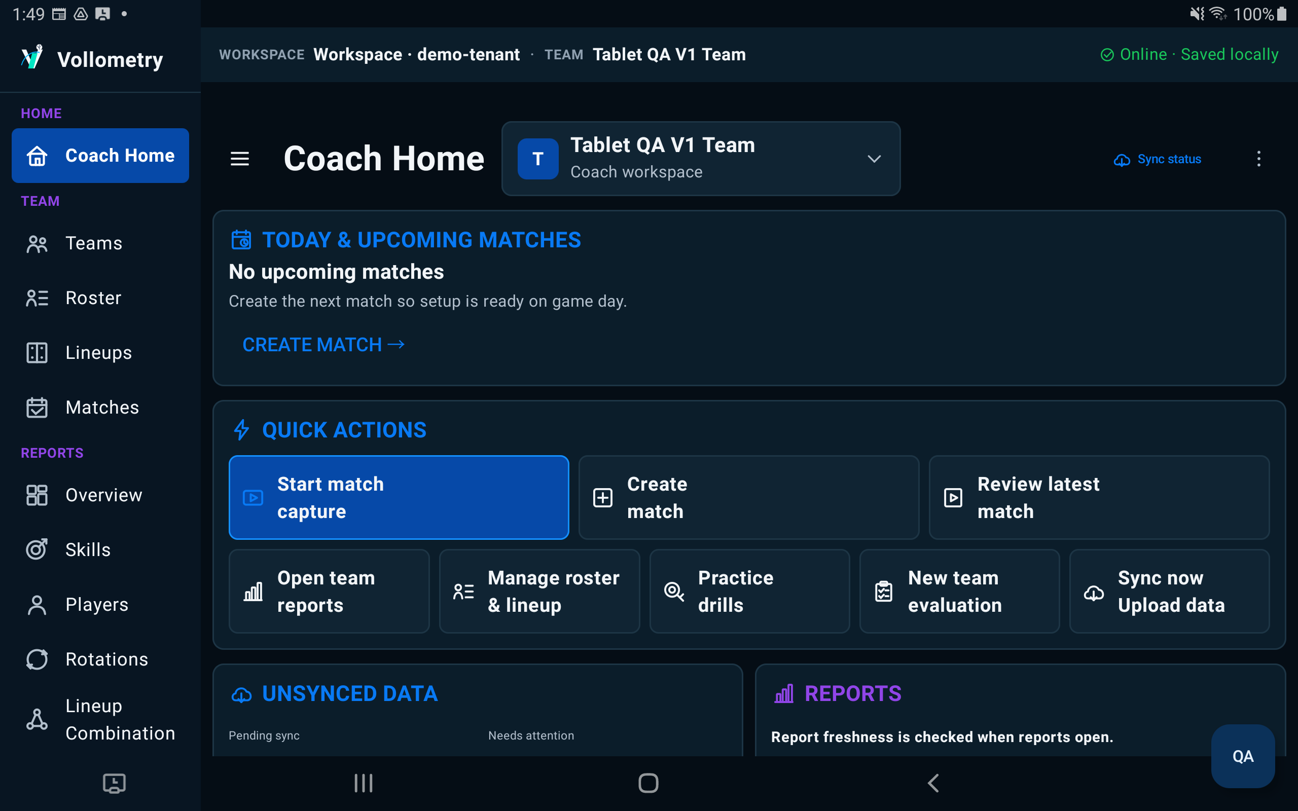 Vollometry Coach Home showing match capture, reports, practice drills, and new team evaluation actions