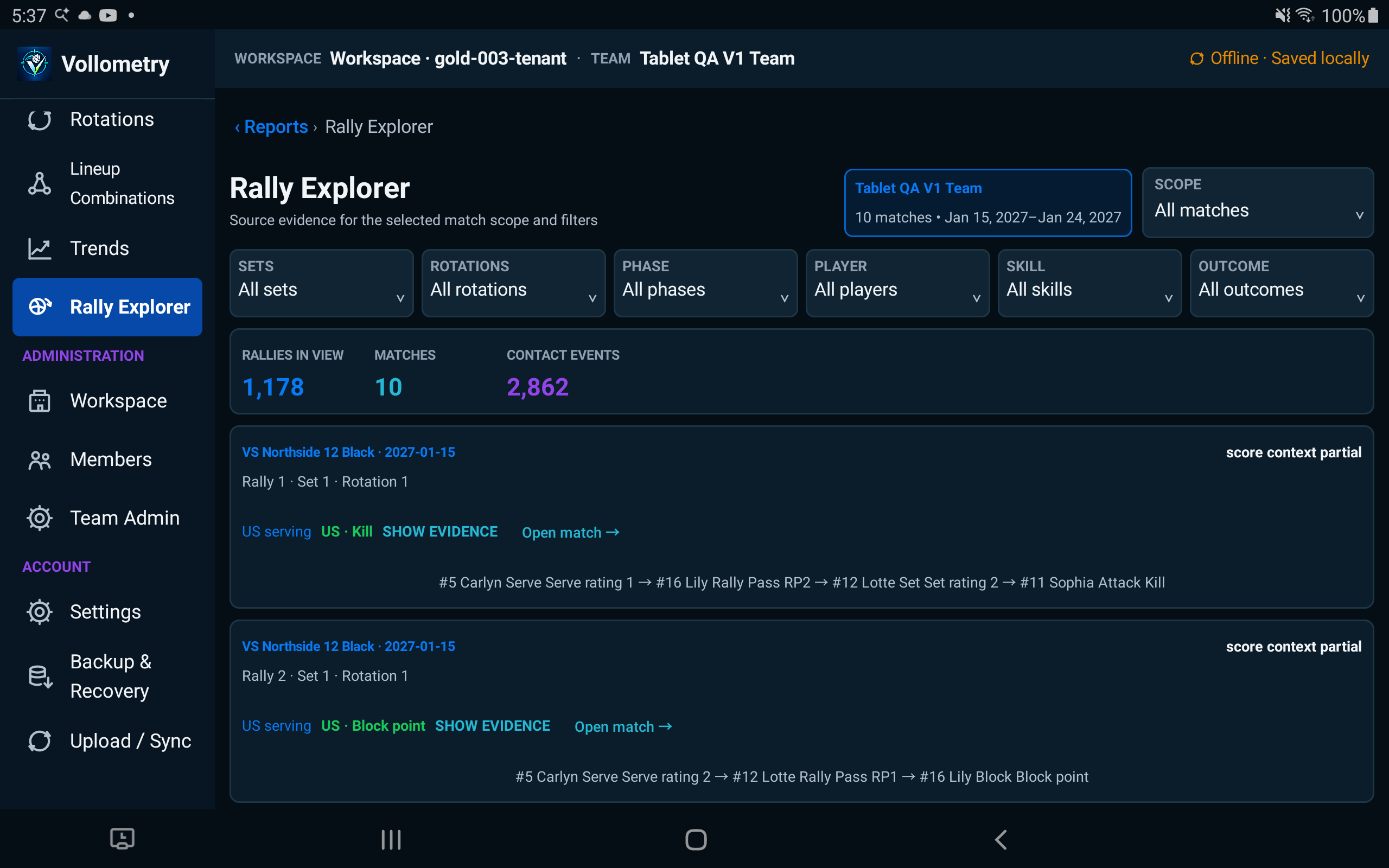 Rally Explorer with set, rotation, phase, player and skill filters, plus recorded contact sequences.