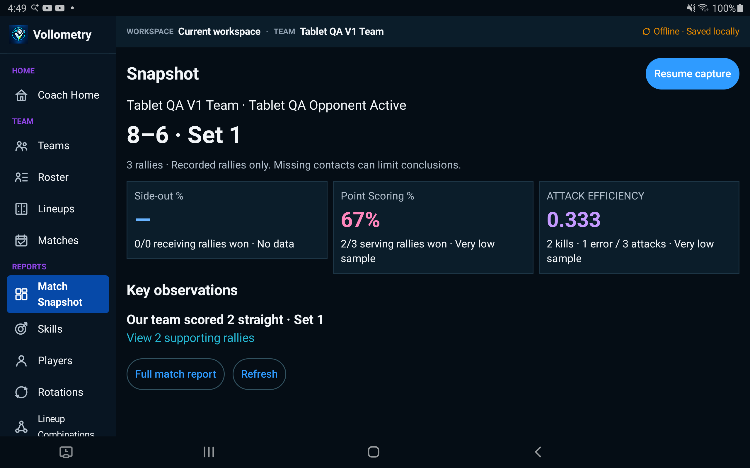 In-progress Match Snapshot with three recorded rallies, low-sample labels, and a coaching observation linked to supporting rallies.